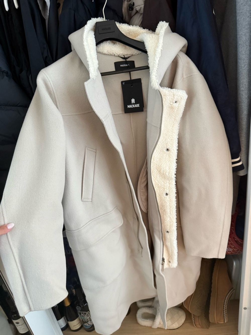 Mackage Light Beige Hooded Shearling-Trim Coat